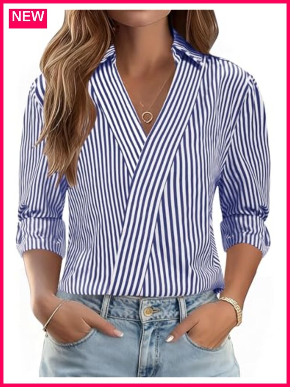 Dressy V Neck Collared Blouse 3/4 Sleeve Women's Summer Work Shirt Lightweight